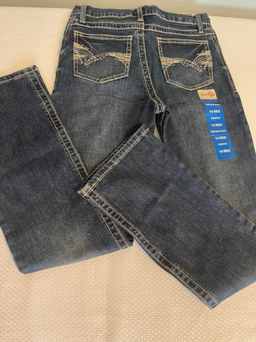 Wrangler Dark Blue Jeans with Tan Stitching